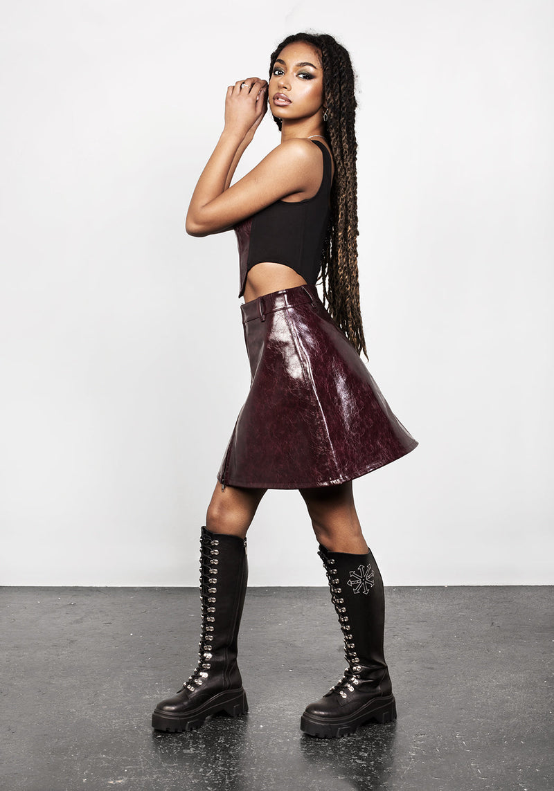 HELLRAISA FAUX LEATHER A-LINE SKIRT VENOM RED