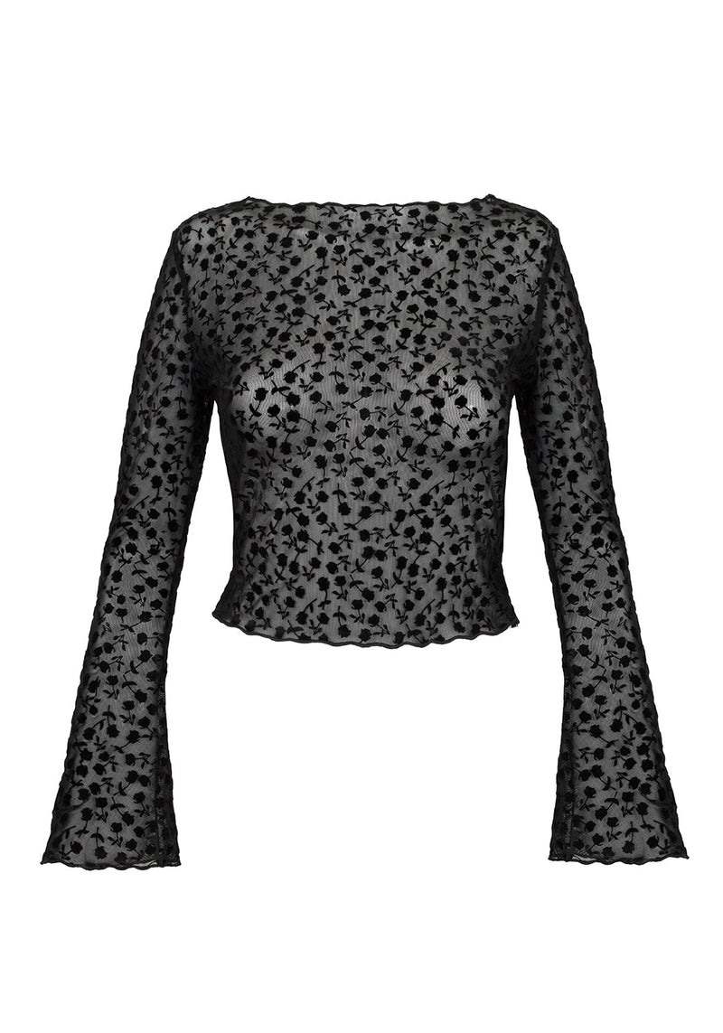 LOVESPELL FLOCKED MESH LONG SLEEVE TOP