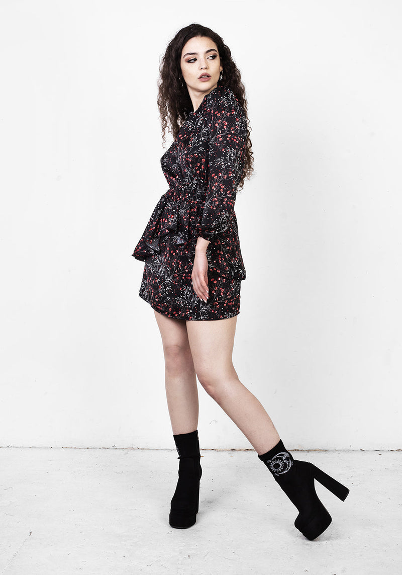 ROSETEARS FRILL PEPLUM MINI DRESS