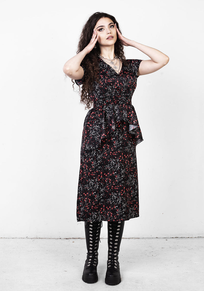 ROSETEARS FRILL PEPLUM MIDI DRESS