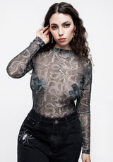Serpente Print Mesh Long Sleeve Bodysuit