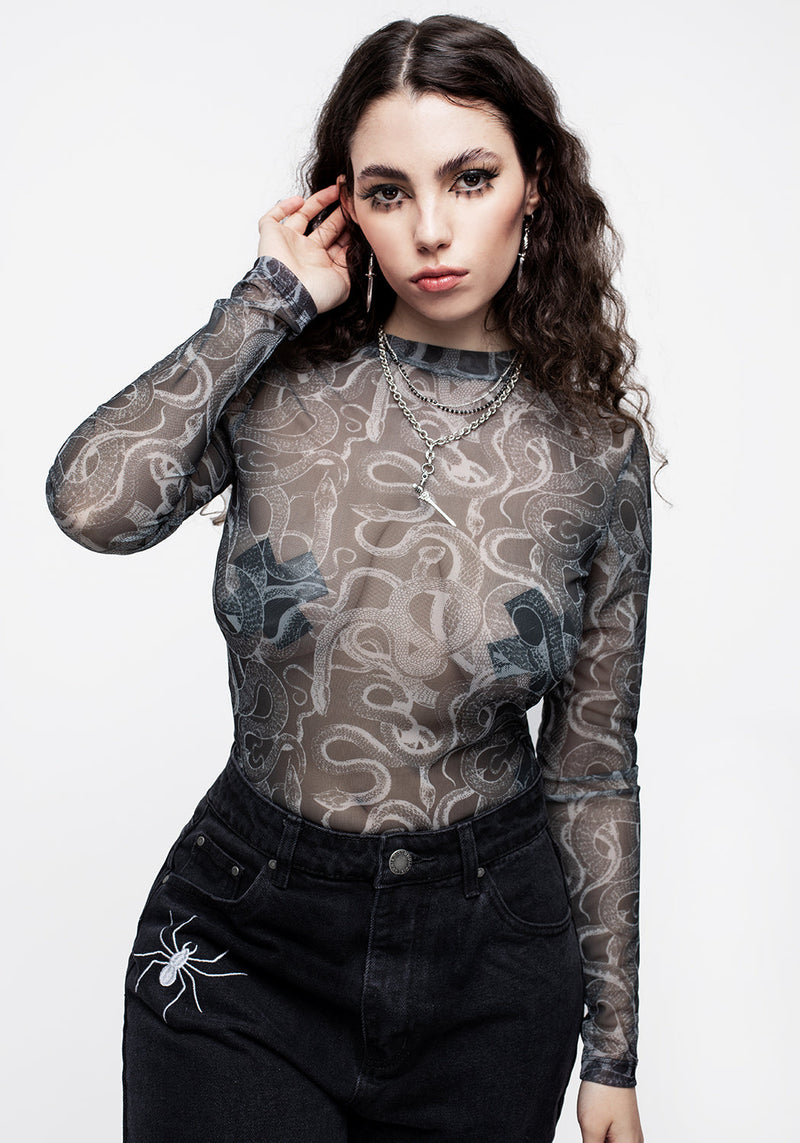 Serpente Print Mesh Long Sleeve Bodysuit