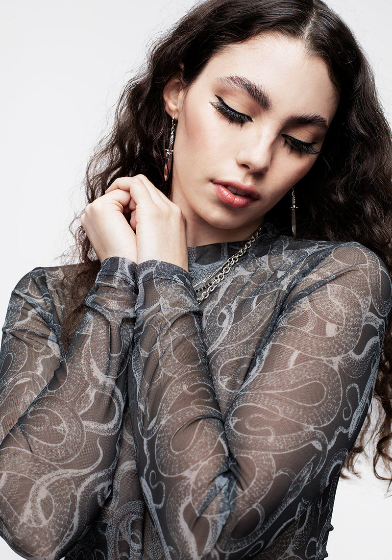 Serpente Print Mesh Long Sleeve Bodysuit