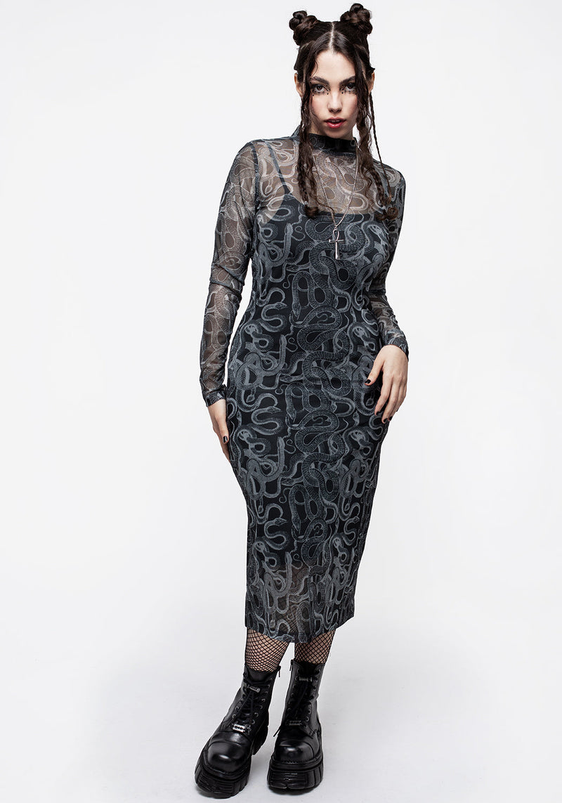 Serpente Print Mesh Bodycon Midi Dress