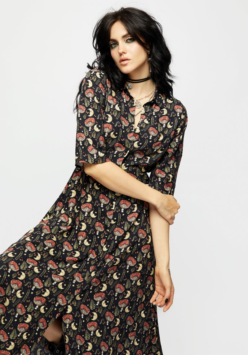 Dreamfast Mushroom Moon Print Midi Shirt Dress
