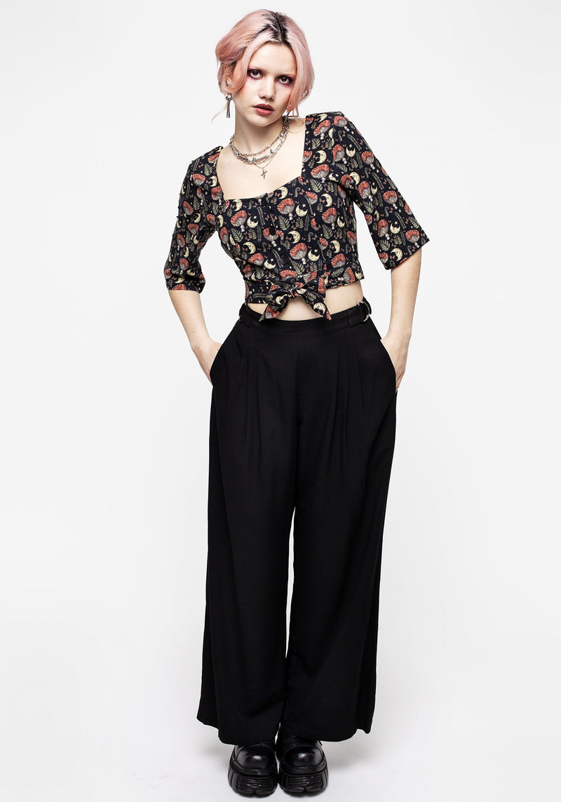 Dreamfast Mushroom Moon Print Button Up Tie Crop Top