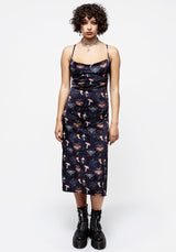 Medeina Print Cowl Neck Satin Midi Slip Dress