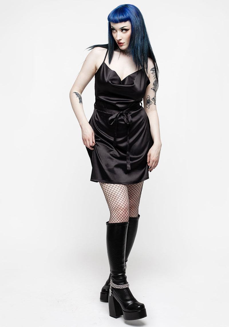 Medeina Cowl Neck Belted Satin Mini Dress - Midnight Black