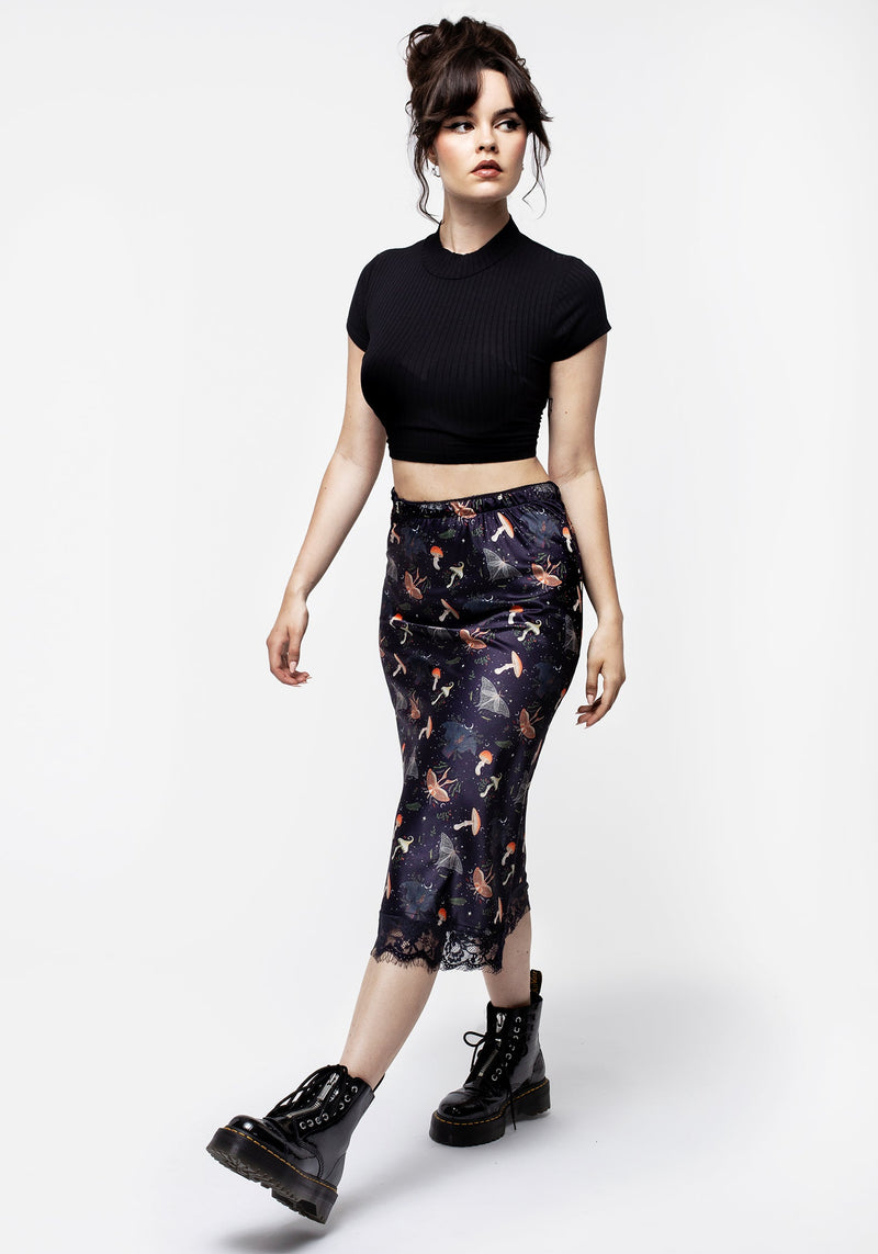 Medeina Print Lace Trim Satin Midi Skirt – Disturbia