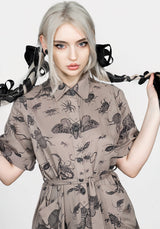 Parasite Bugs Print Midi Short Sleeve Shirt Dress - Taupe