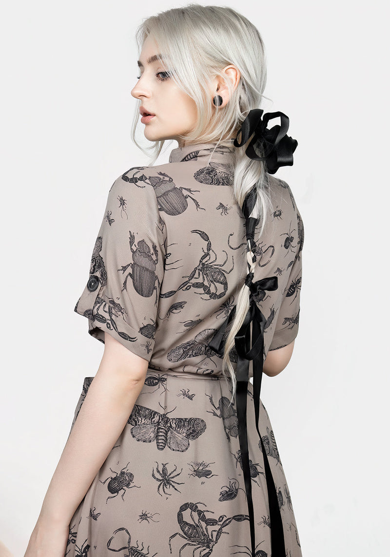 Parasite Bugs Print Midi Short Sleeve Shirt Dress - Taupe