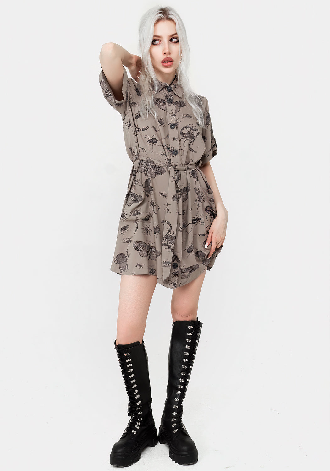 Parasite Bugs Print Mini Short Sleeve Shirt Dress - Taupe