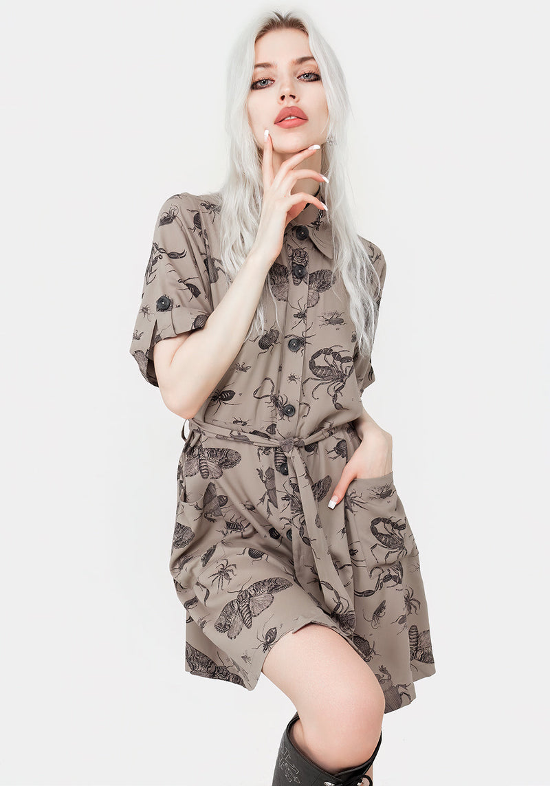 Parasite Bugs Print Mini Short Sleeve Shirt Dress - Taupe
