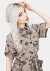 Parasite Bugs Print Mini Short Sleeve Shirt Dress - Taupe