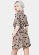 Parasite Bugs Print Mini Short Sleeve Shirt Dress - Taupe