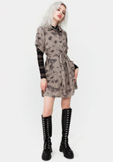 Parasite Bugs Print Mini Short Sleeve Shirt Dress - Taupe