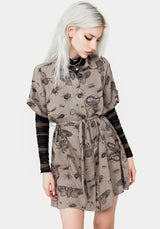 Parasite Bugs Print Mini Short Sleeve Shirt Dress - Taupe