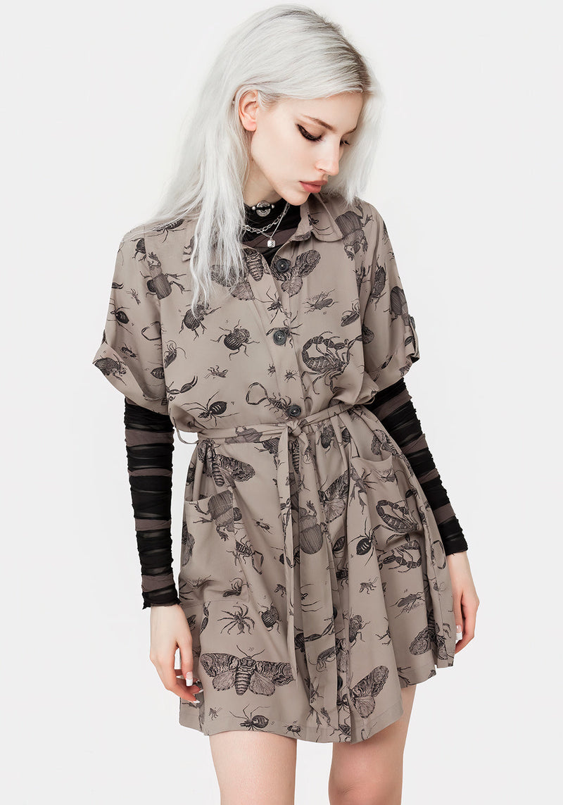 Parasite Bugs Print Mini Short Sleeve Shirt Dress - Taupe