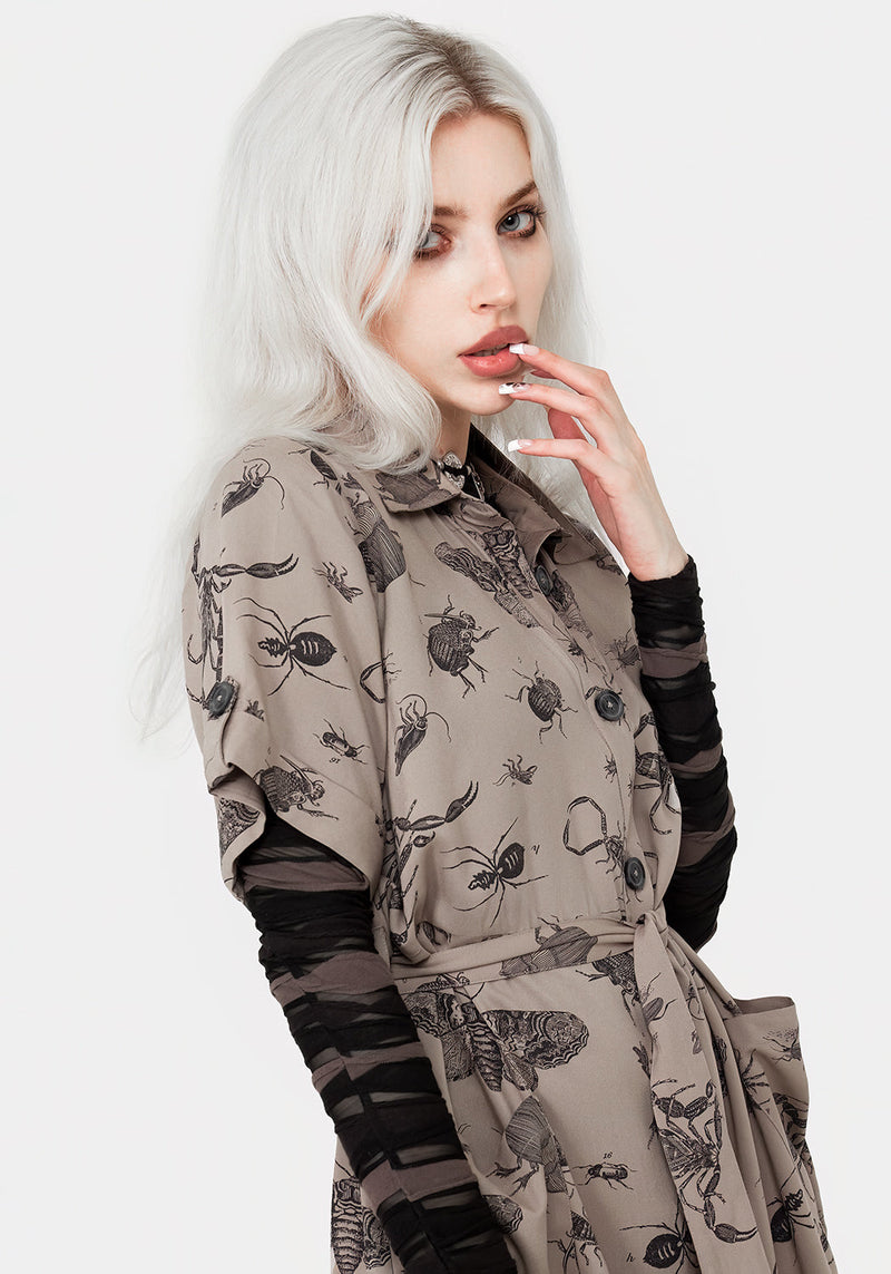 Parasite Bugs Print Mini Short Sleeve Shirt Dress - Taupe
