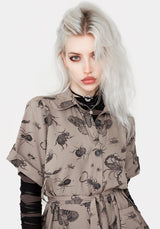 Parasite Bugs Print Mini Short Sleeve Shirt Dress - Taupe