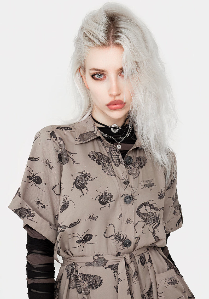 Parasite Bugs Print Mini Short Sleeve Shirt Dress - Taupe