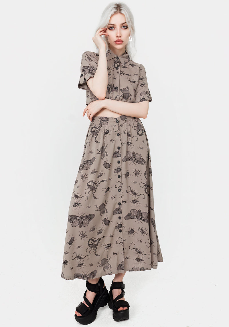 Parasite Bugs Print Button Down Midi Skirt - Taupe
