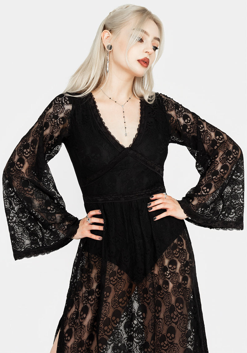 Morella Sheer Skull Lace Bodysuit Midaxi Dress