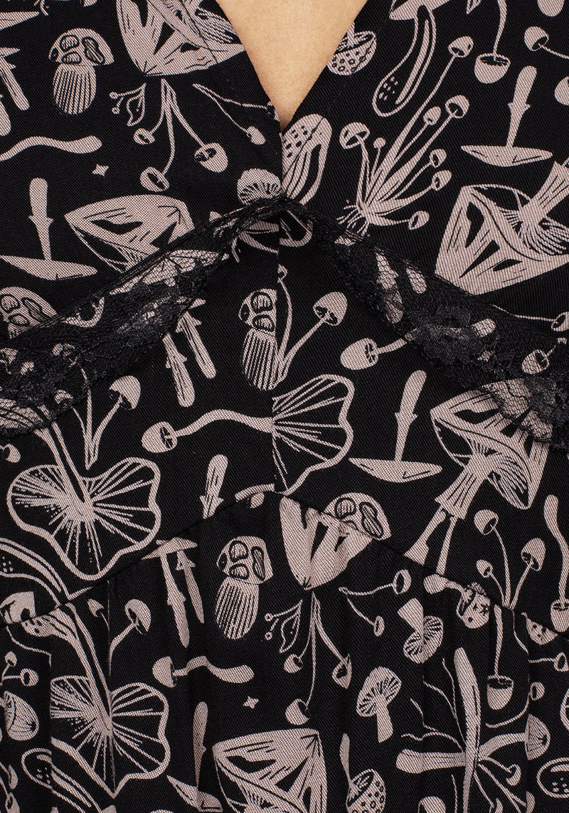 Mycophile Mushroom Print Mini Ruffle Dress
