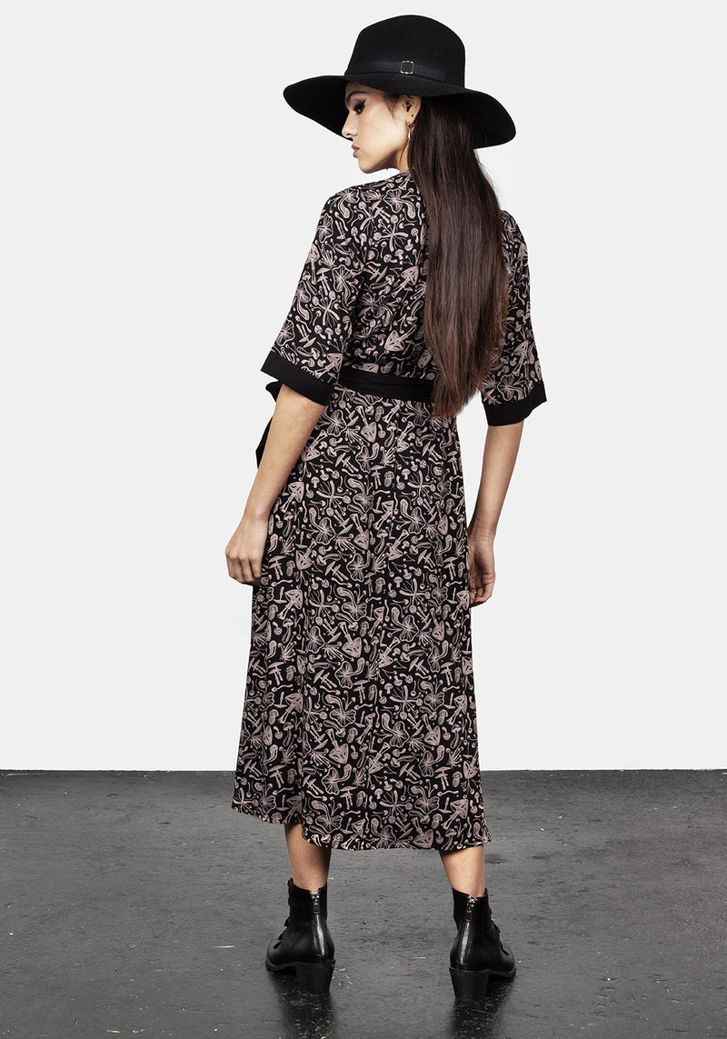 Mycophile Mushroom Print Wrap Midi Dress
