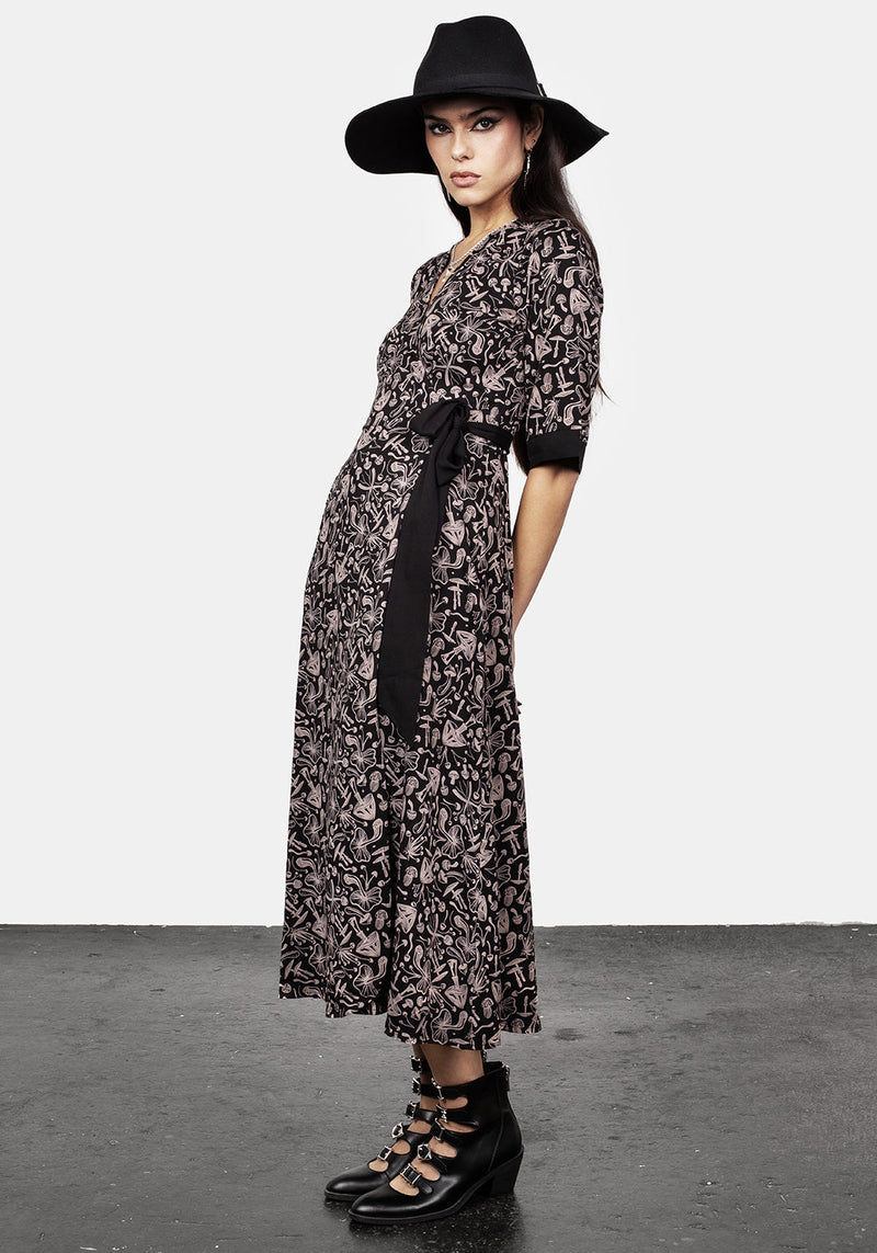 Mycophile Mushroom Print Wrap Midi Dress