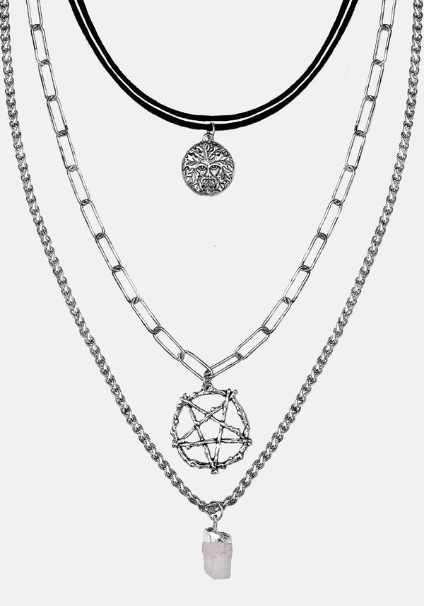 Triune 3 Layered Necklace Pentagram and Crystal