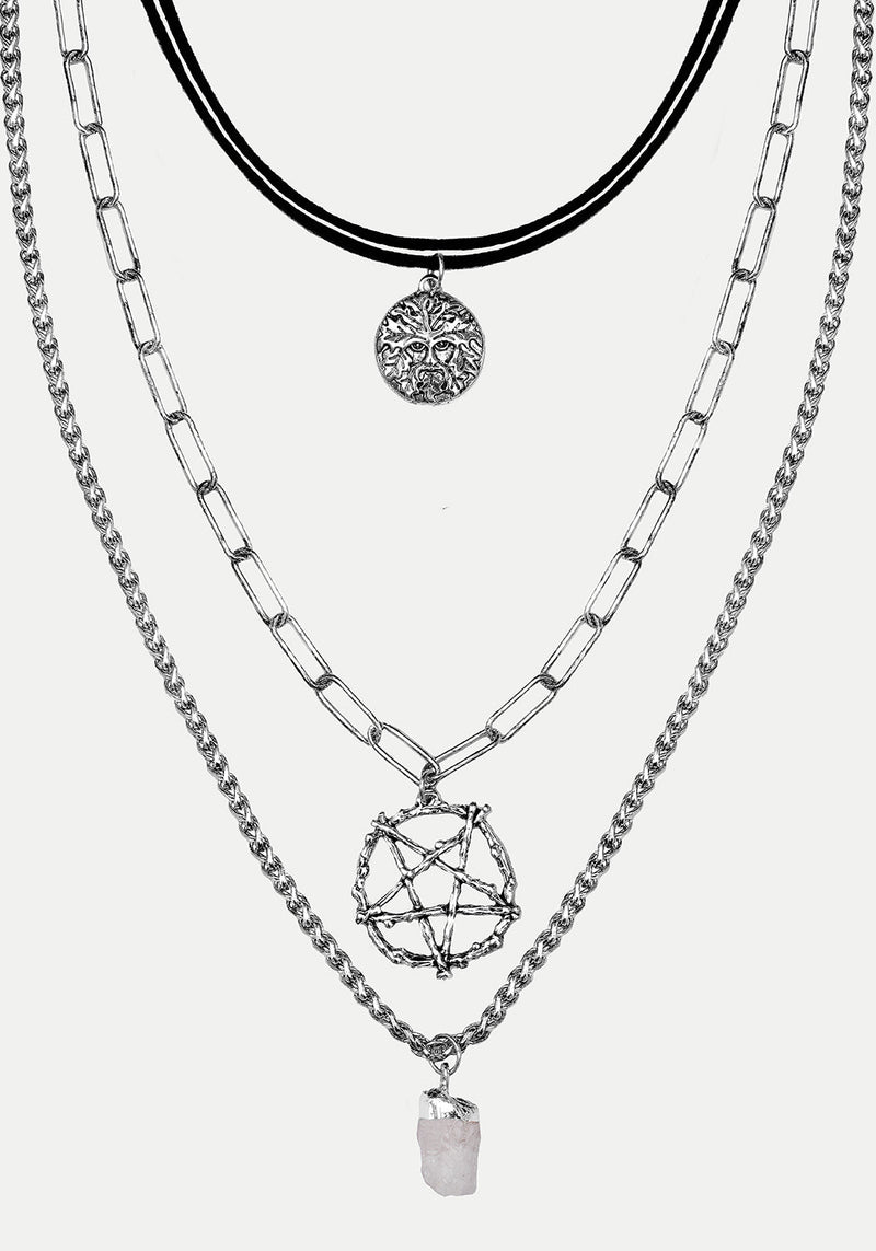 Triune 3 Layered Necklace Pentagram and Crystal