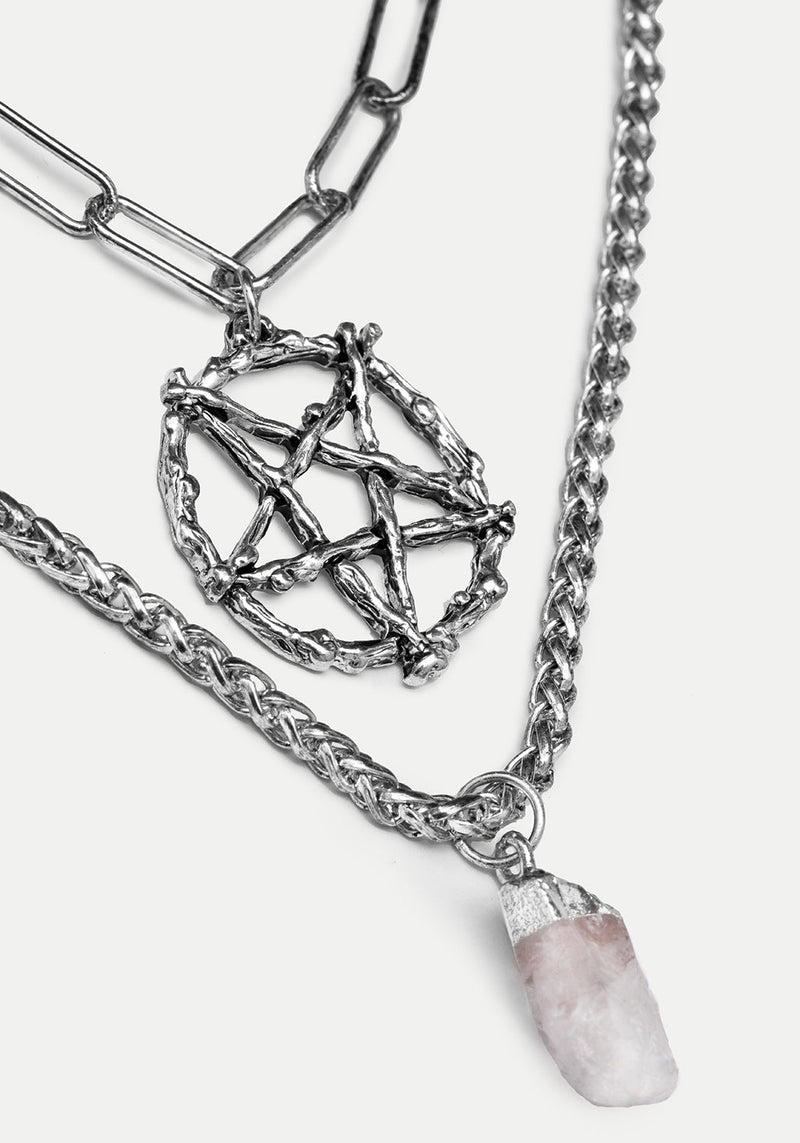 Triune 3 Layered Necklace Pentagram and Crystal