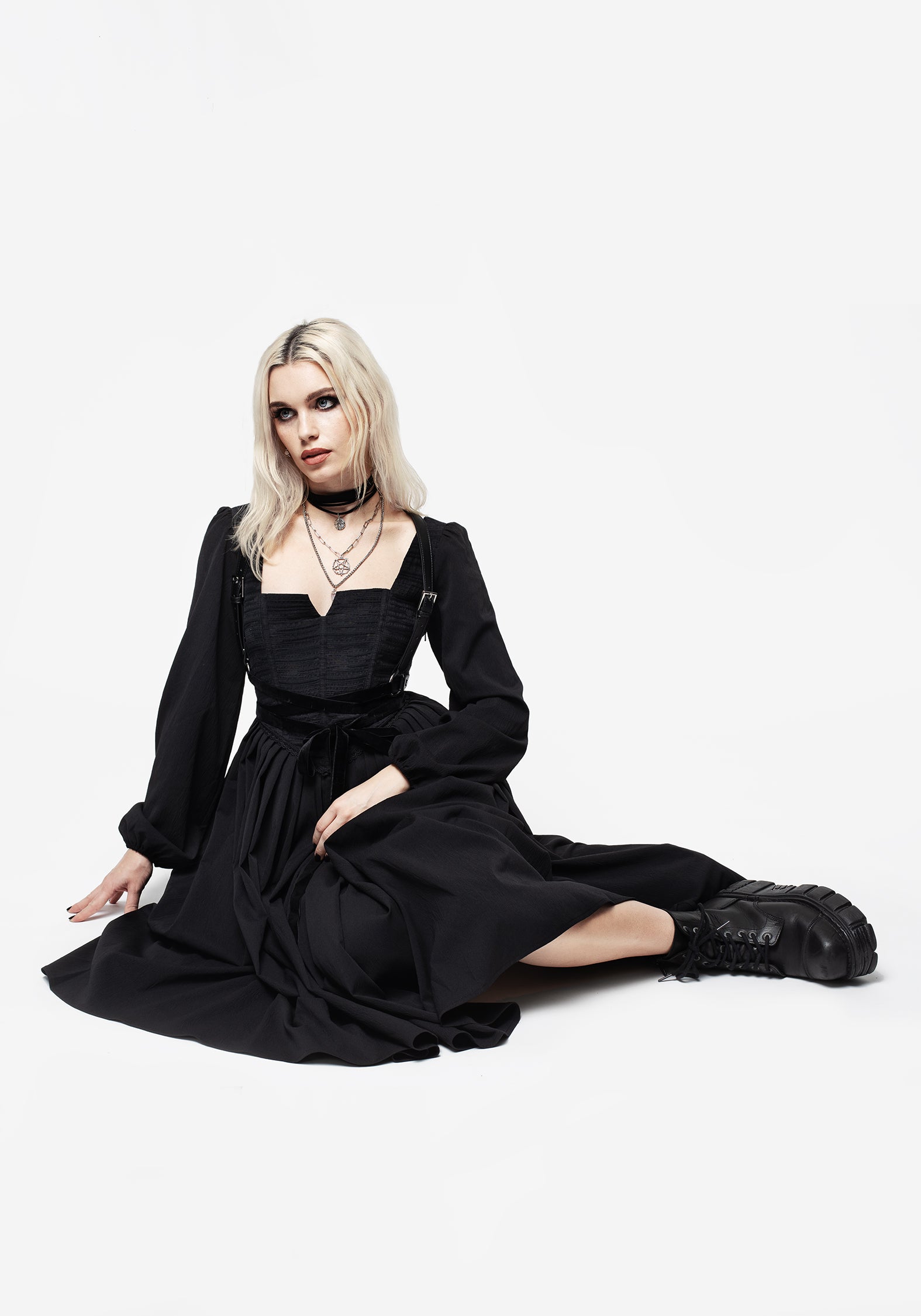 black corset midi dress with sleeves A-line Corset Midi Dress with Shirt Black & White / US 12