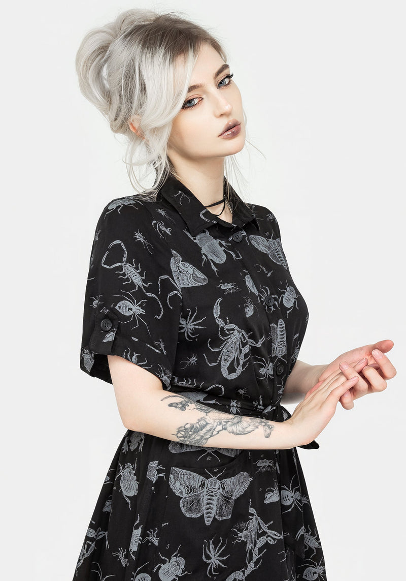 Parasite Bugs Short Sleeve Mini Shirt Dress - Black