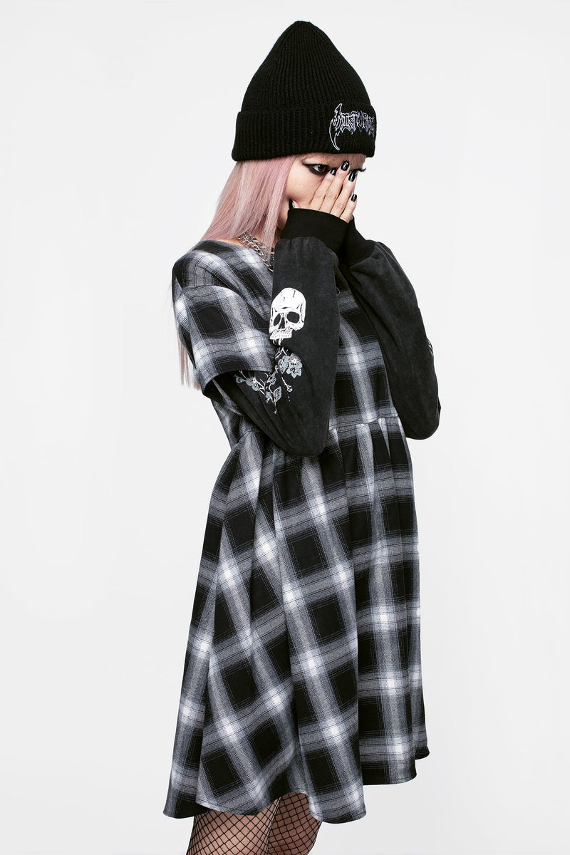 Hypnos Layered Sleeve Check Mini Smock Dress