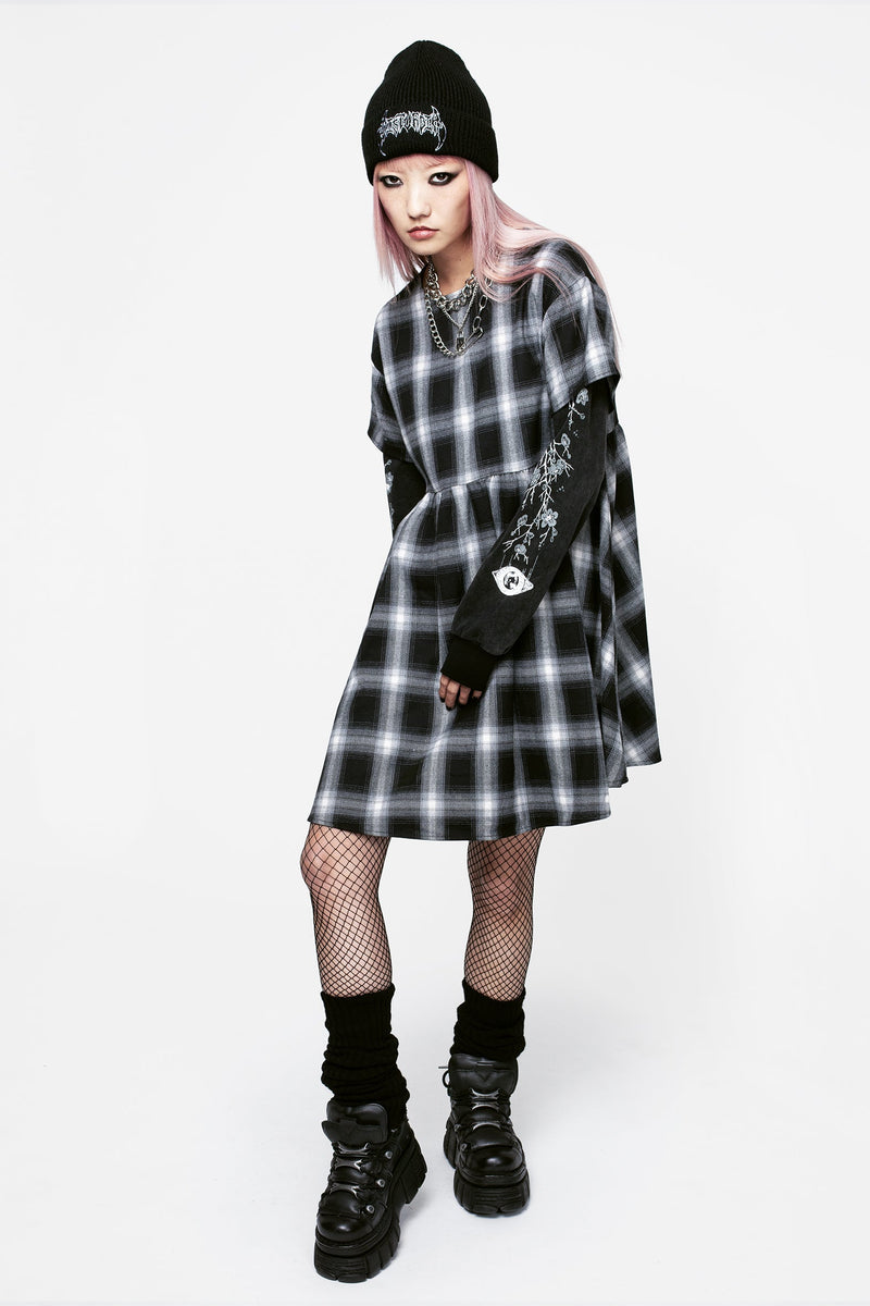 Hypnos Layered Sleeve Check Mini Smock Dress
