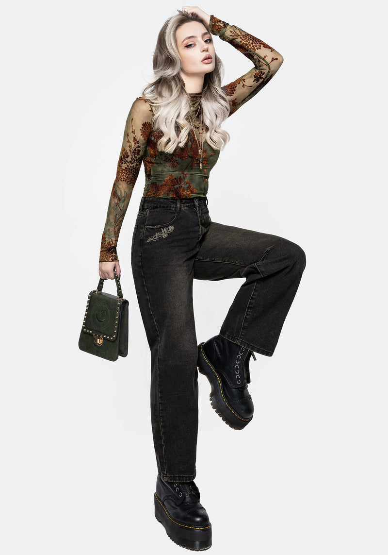 Veltha Floral Embroidered Denim Barrel Leg Jeans