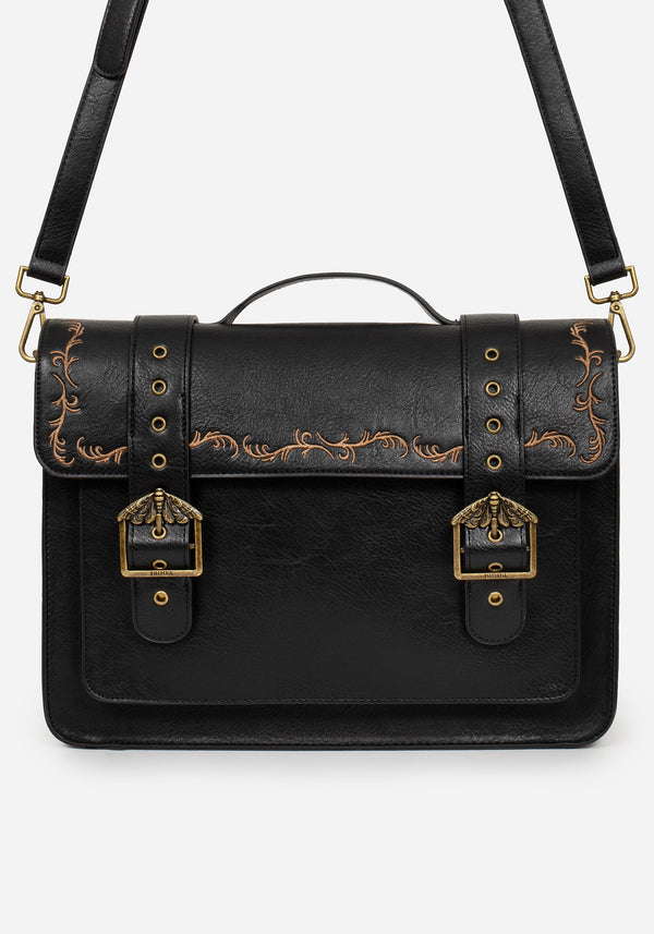 Rosamoth Buckle Vine Embroidered Satchel Bag - Black