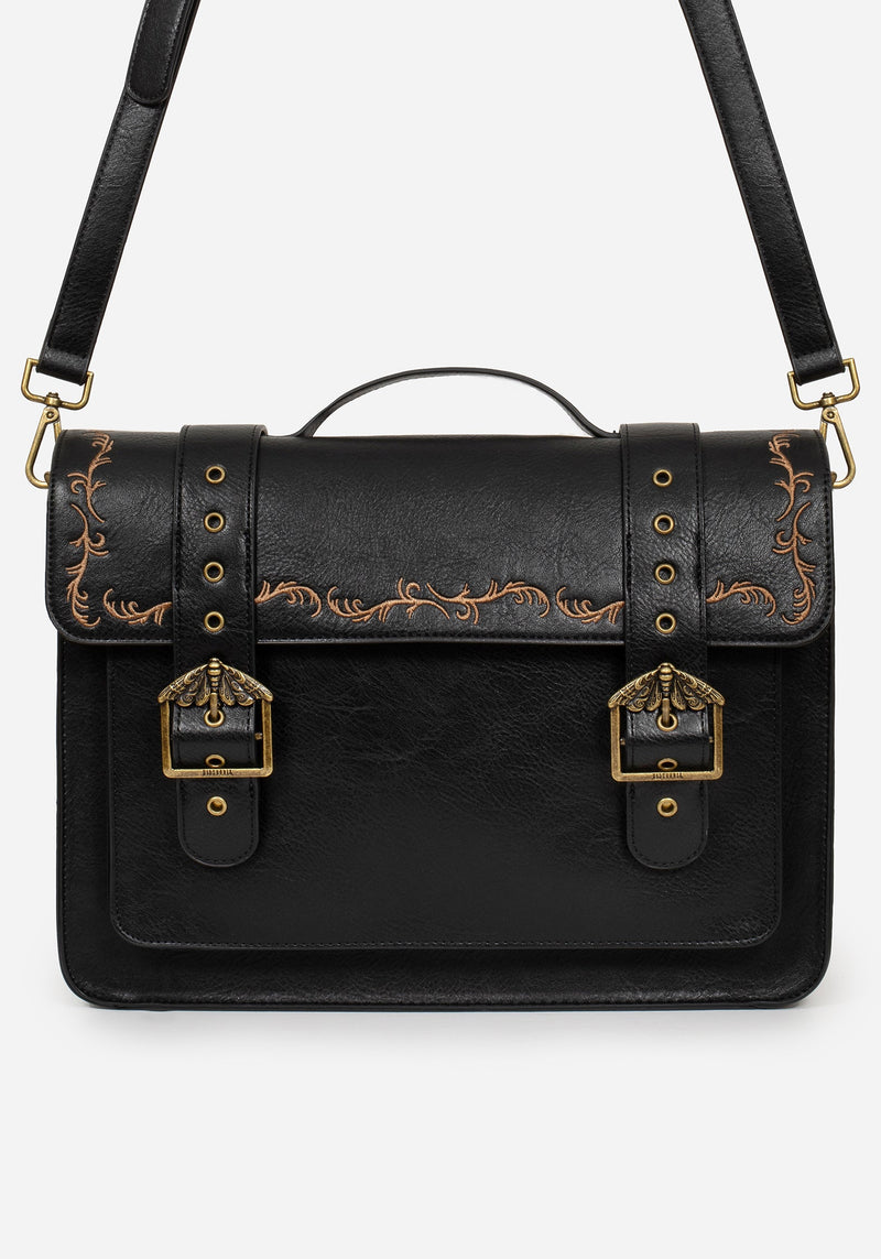 Rosamoth Buckle Vine Embroidered Satchel Bag - Black