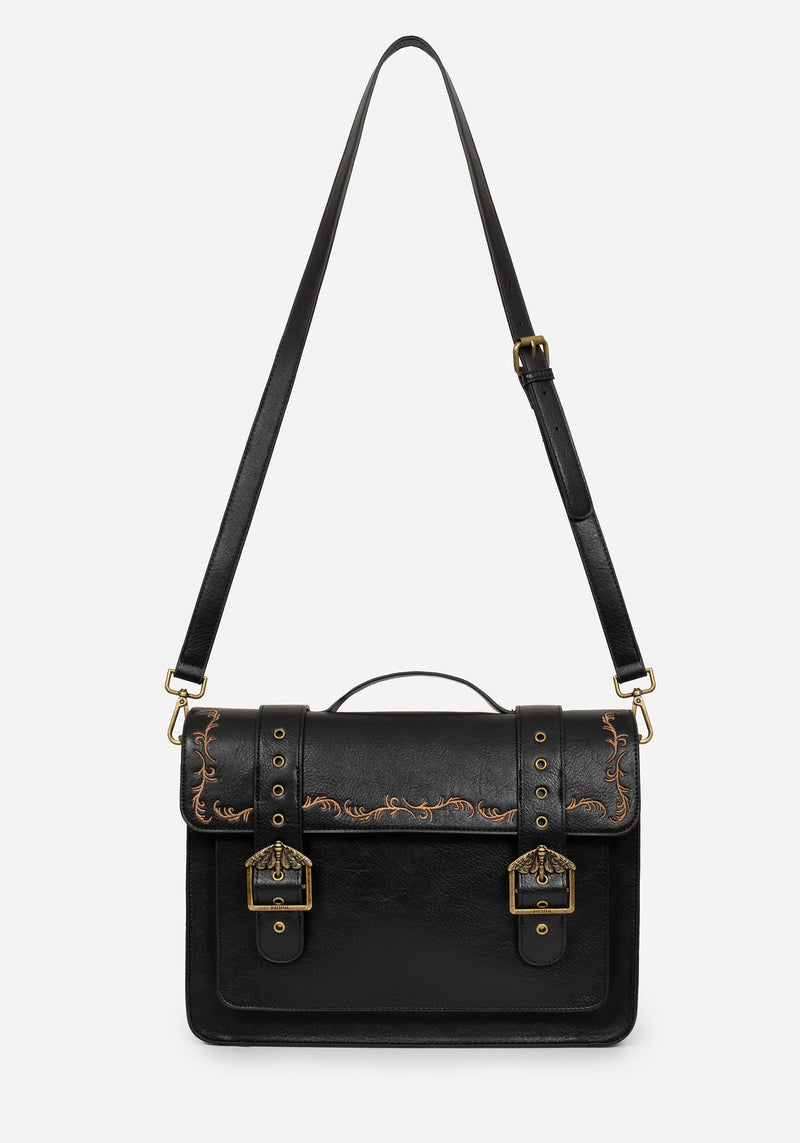 Rosamoth Buckle Vine Embroidered Satchel Bag - Black