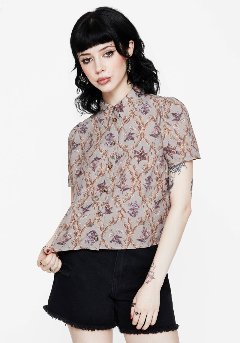 Blossom Floral Tile Printed Cropped Button Up Shirt