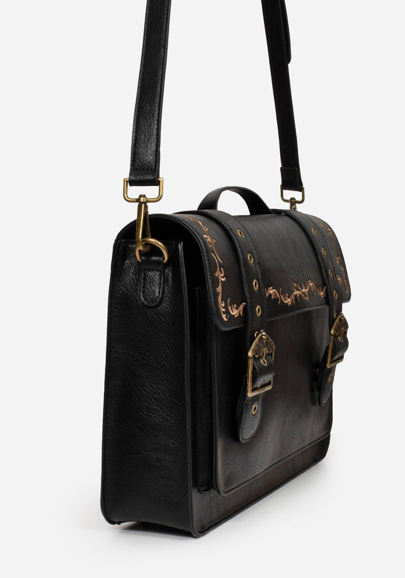 Rosamoth Buckle Vine Embroidered Satchel Bag - Black