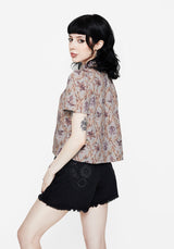 Blossom Floral Tile Printed Cropped Button Up Shirt