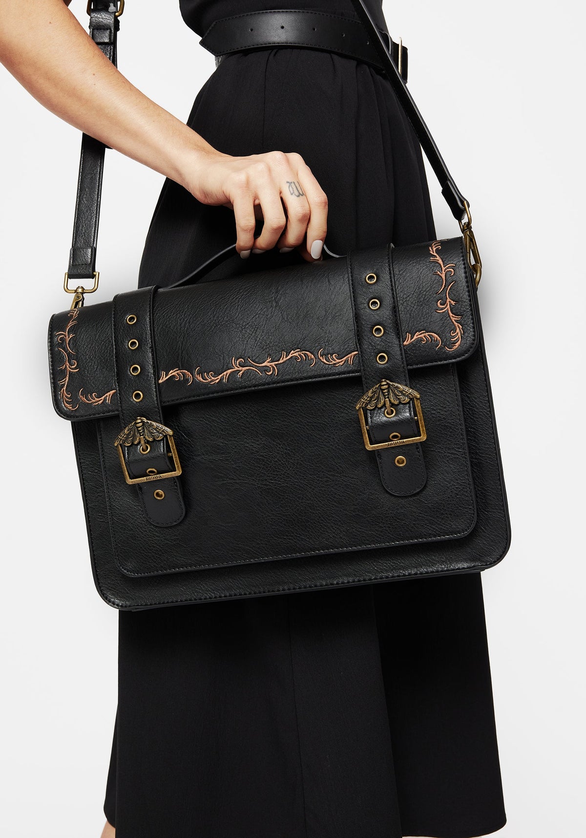 Rosamoth Buckle Vine Embroidered Satchel Bag - Black