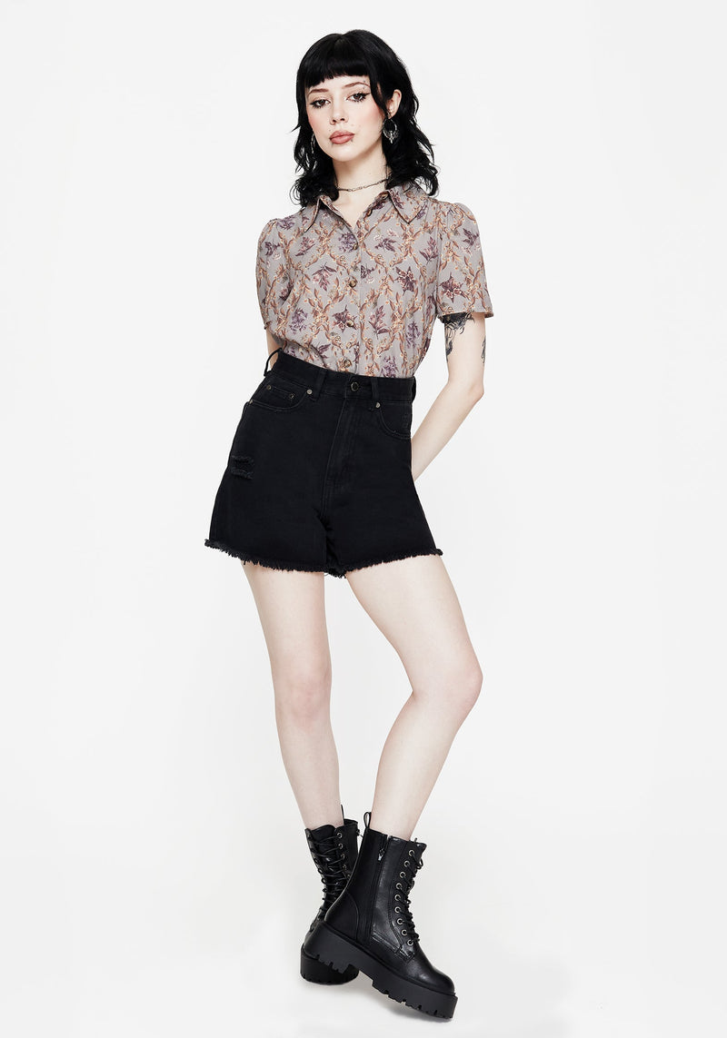 Blossom Floral Tile Printed Cropped Button Up Shirt