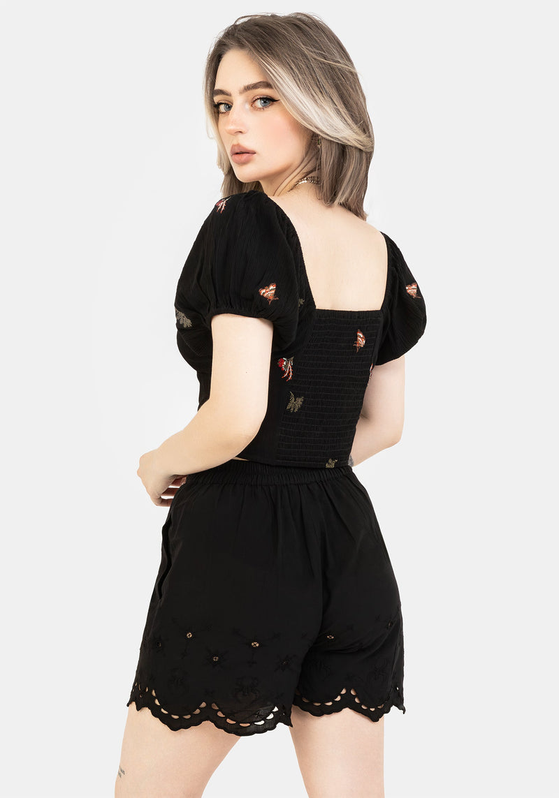 Copia Moth Embroidered Cotton Puff Sleeve Top
