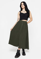 Foliate Linen-Blend Embroidered Button Up Midaxi Skirt - Green