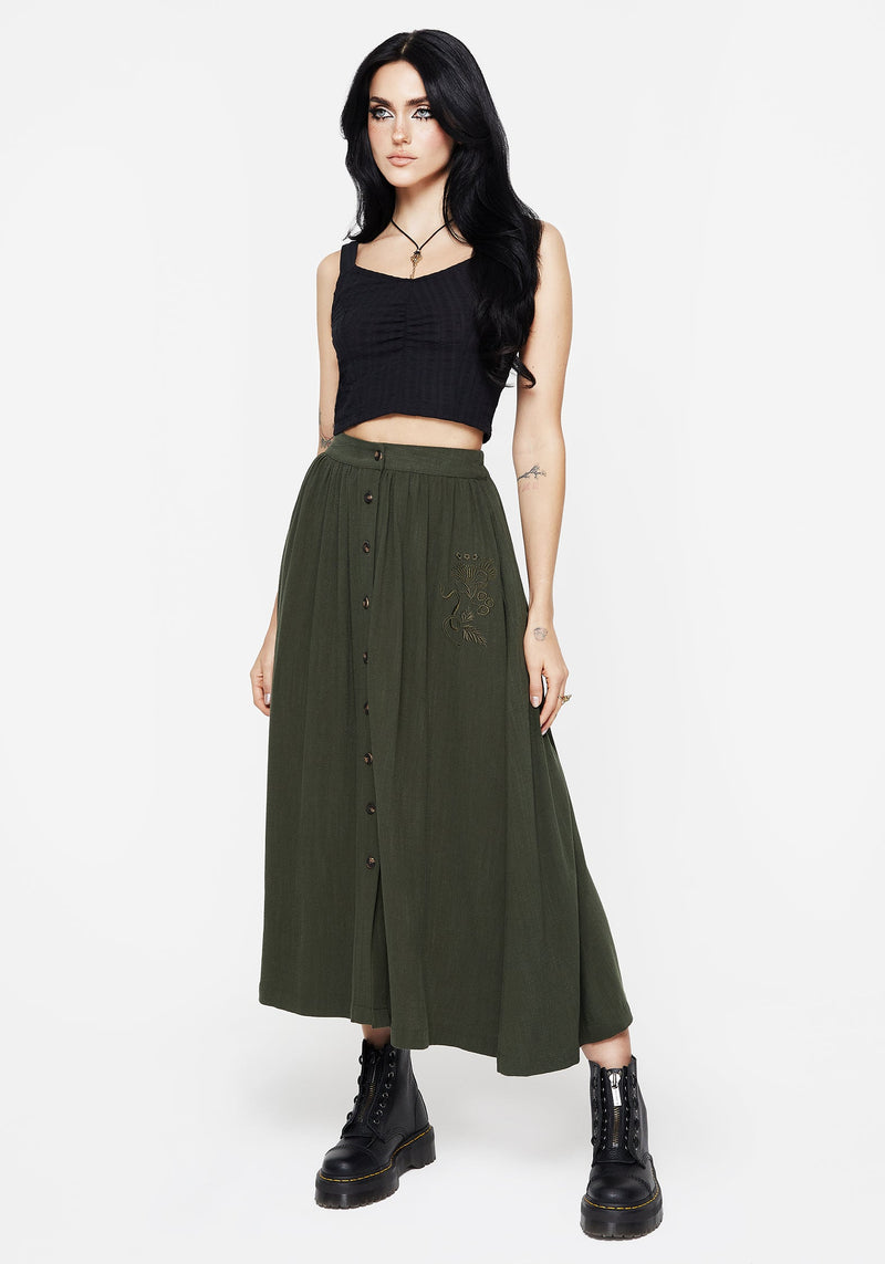 Foliate Linen-Blend Embroidered Button Up Midaxi Skirt - Green
