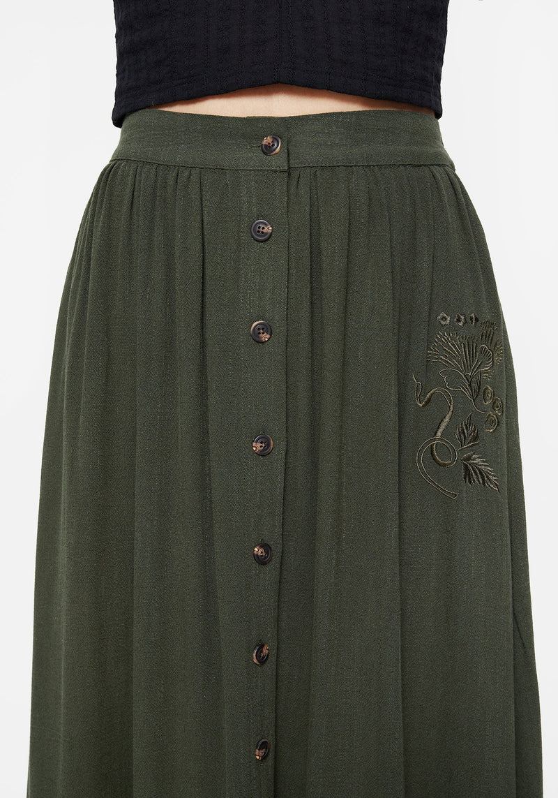 Foliate Linen-Blend Embroidered Button Up Midaxi Skirt - Green